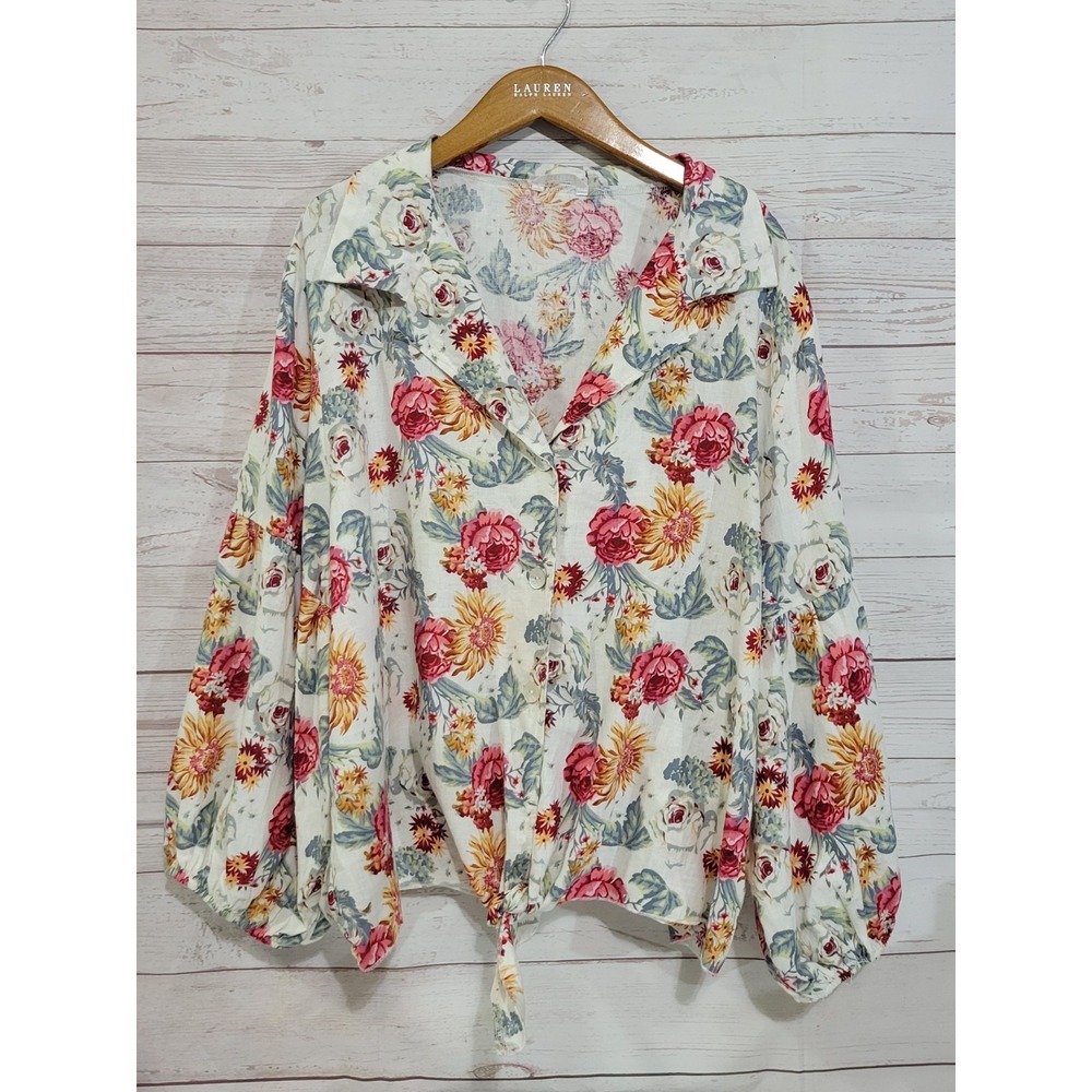 Kaktus Floral Button Up Top Womens XXL Linen Blend Cottage Feminine Romantic